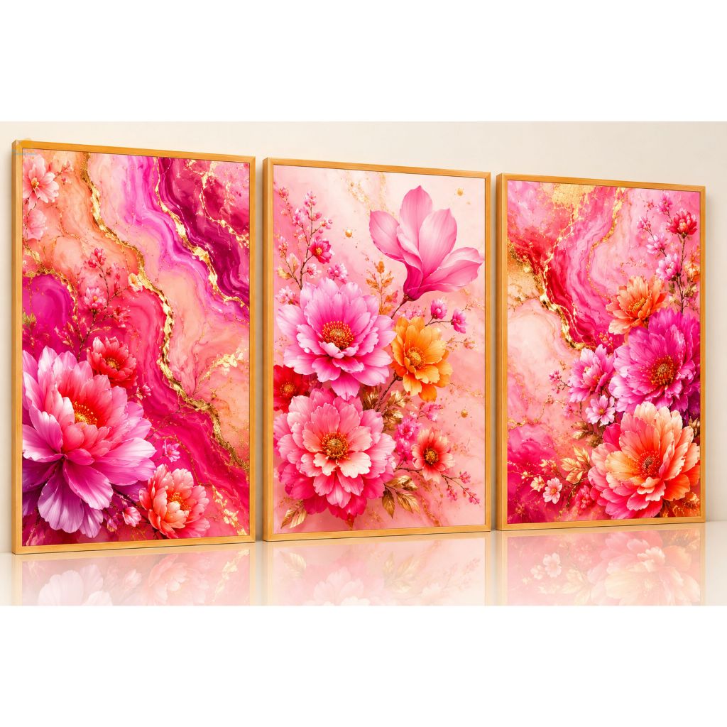 Kit De Quadros Decorativos 3 Peças Flores Rosas Delicadas Fundo Mármore Luxury Moderno I