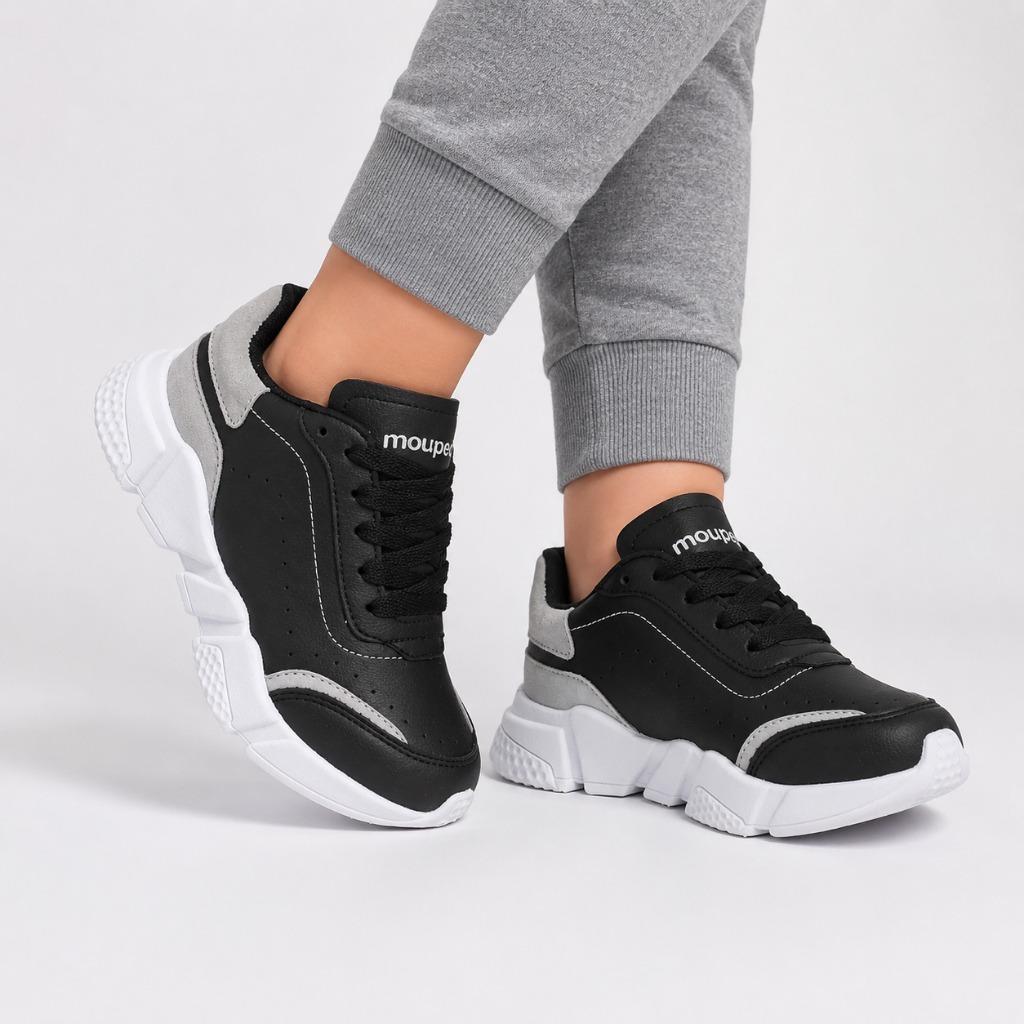 Tênis Infantil Casual Masculino Moderno Recortes Sola Alta Confortável Preto com Chaveiro
