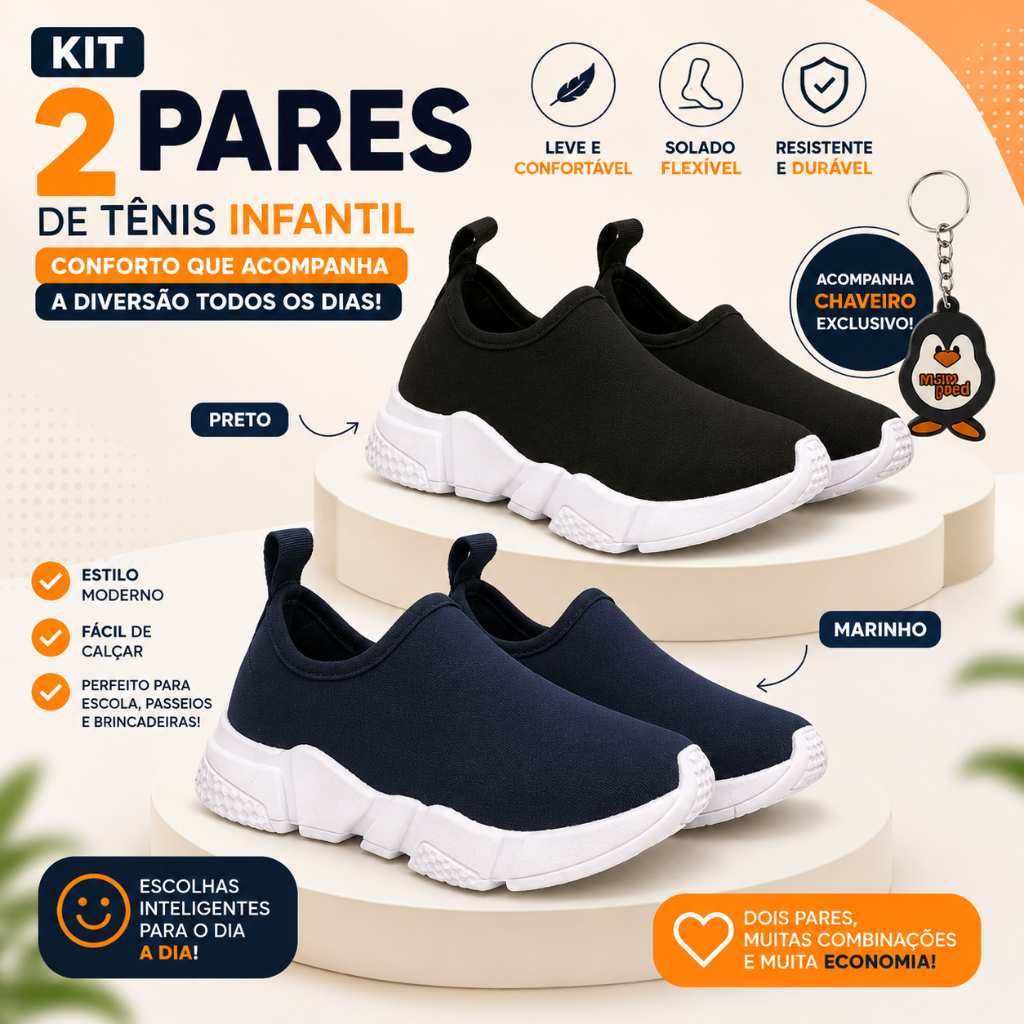 Kit 2 Pares Tênis Infantil Masculino Feminino Calce Fácil Sem Cadarço Escolar Confortável Chaveiro