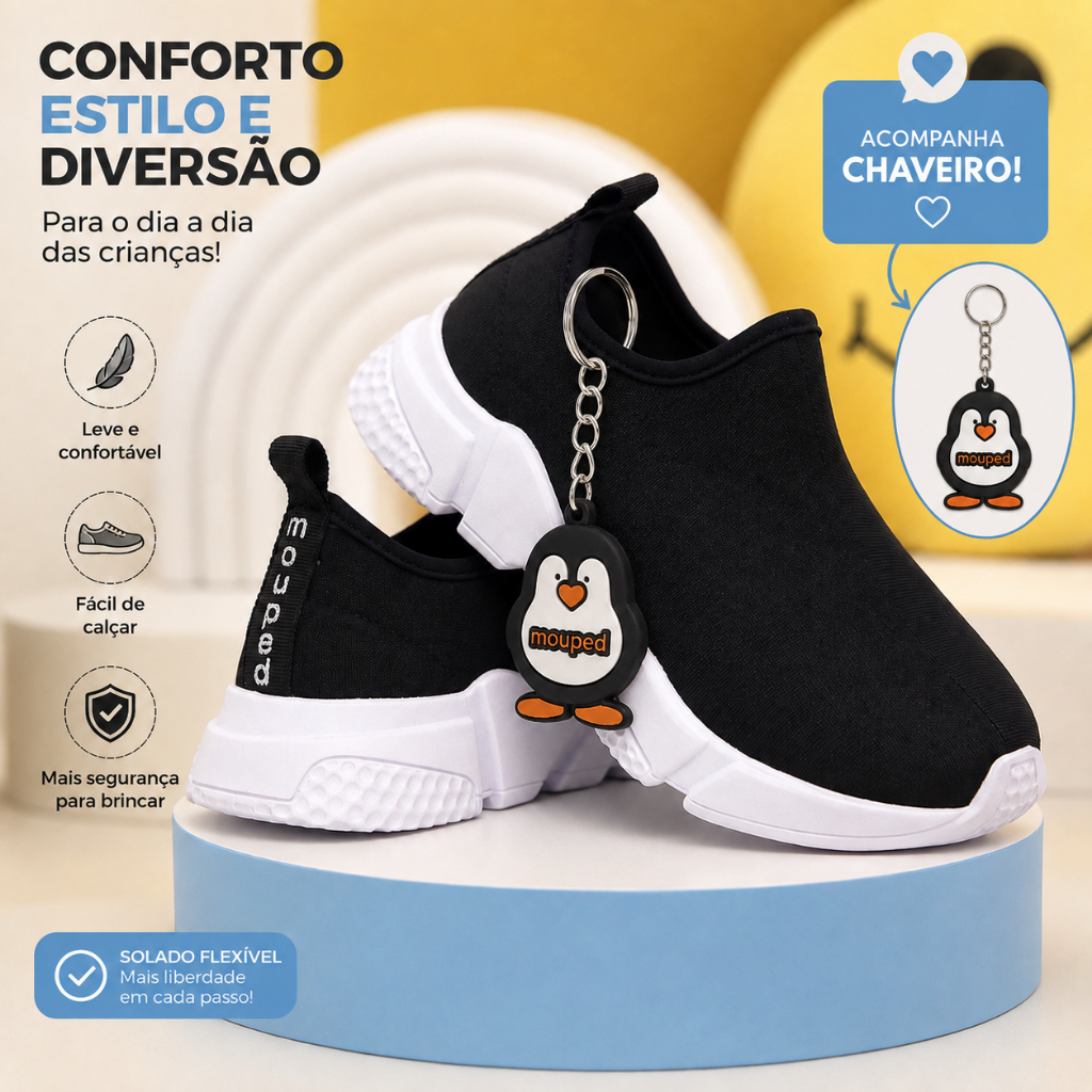 Tênis Infantil Feminino Masculino Meia Calce Fácil Básico Escolar Confortável Preto com Chaveiro