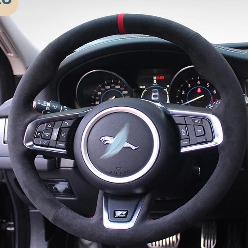 Red Mark & Suede Interior Do Carro Para Jaguar XF/XJL/XE/F-PACE TYPE Costurado À Mão Antiderrapante Capa De Volante De P