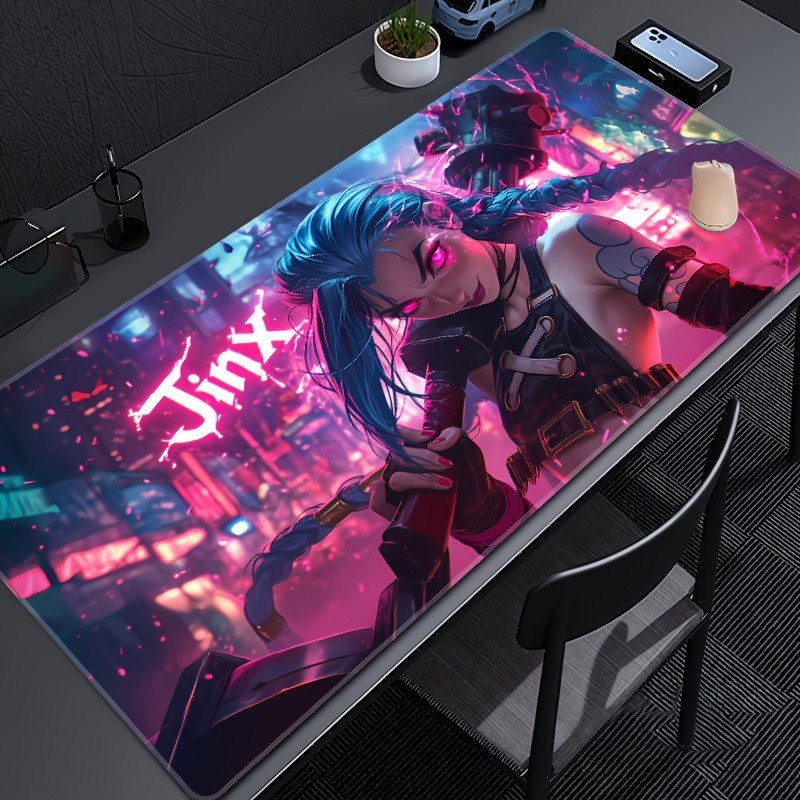 MousePad 80x30 e 90x40 de Anime Jogo Seetap Jinx LOL Gaming Luz Neon Personagem de Desenho
