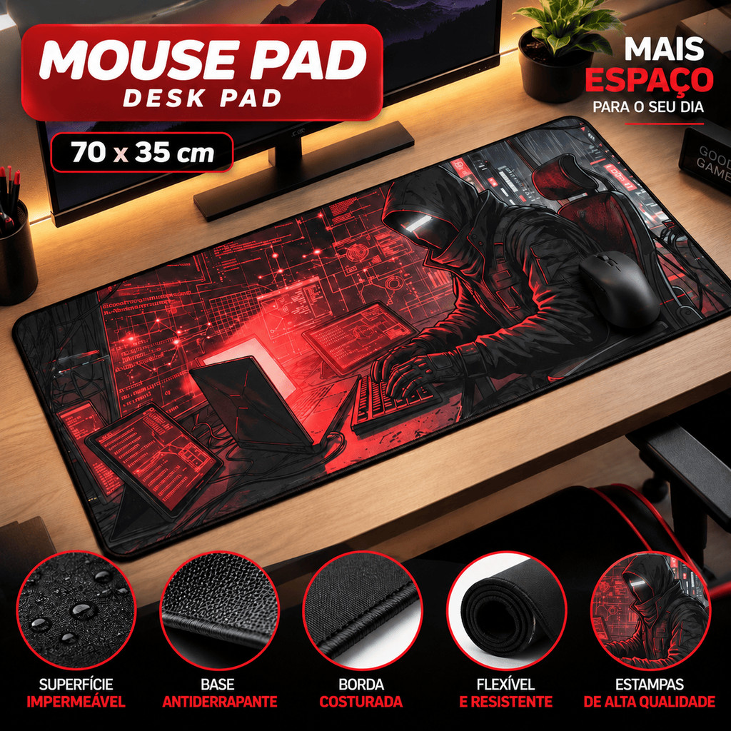 Mouse Pad Gamer Grande 70x35 cm Cyberpunk Hacker Desk Pad Speed Impermeável Base Antiderrapante Borda Costurada
