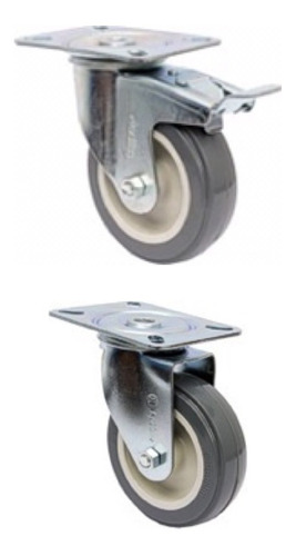 (4pçs) Rodizio Girat. Placa 4pol. R412 Bp Pvc Anti Risco (2 C/ Freio + 2 Sem) 65kg Por Roda