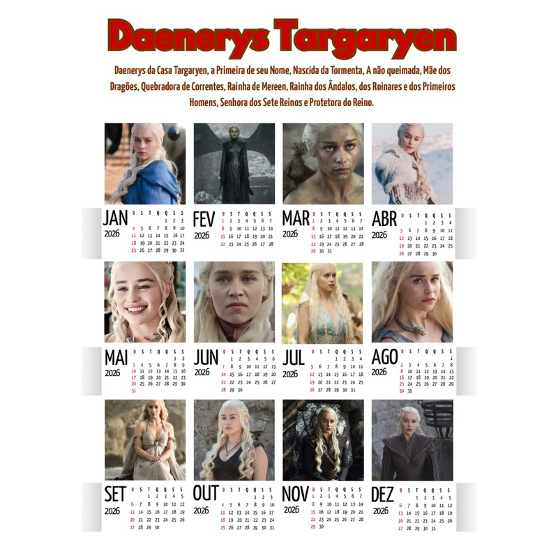 Calendário 2026 Game of Thrones Daenerys