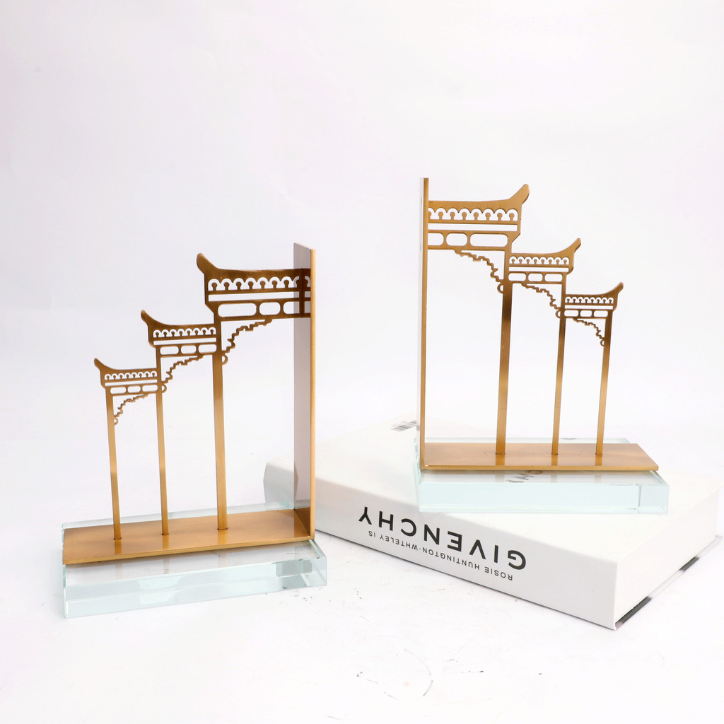 U9SY New Chinese-style crystal metal archway bookend, decorative piece for model rooms, study rooms, offices, desks, and
