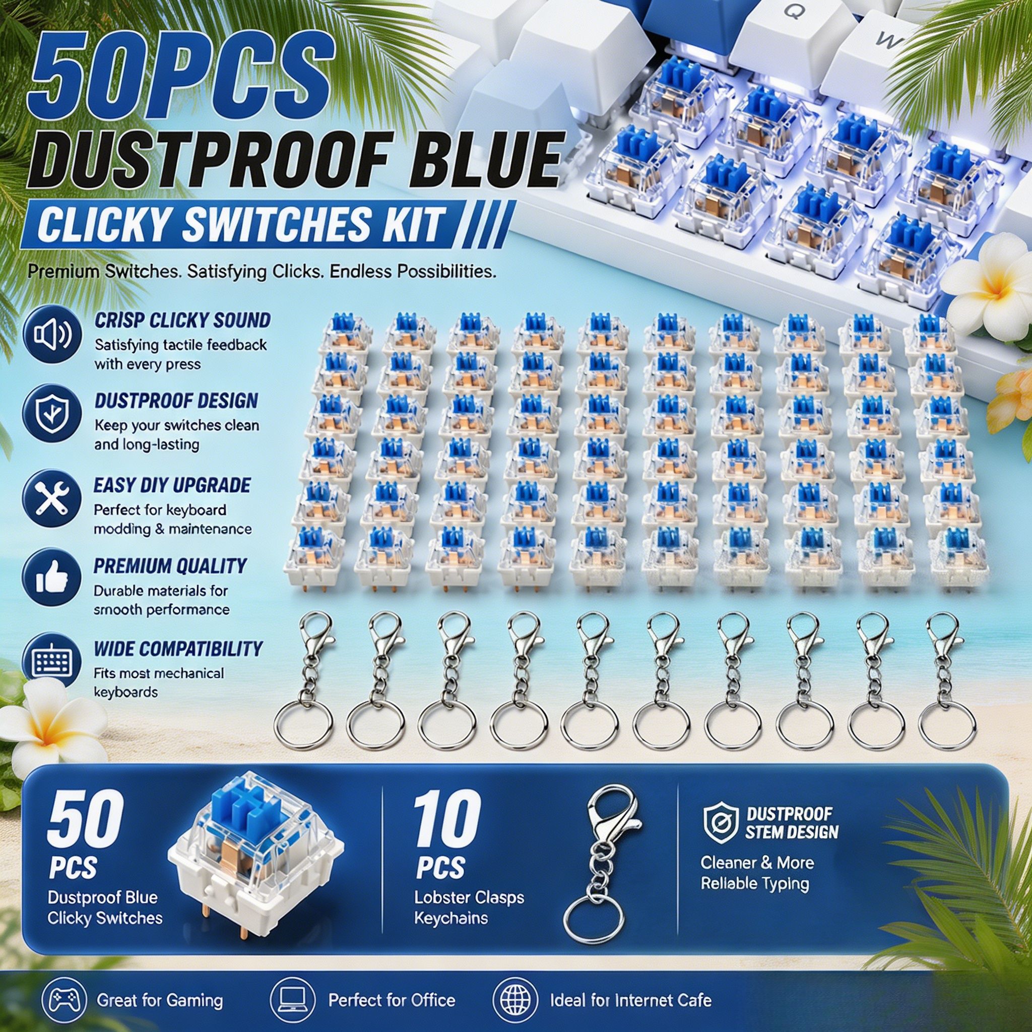 Kit de 50 interruptores mecânicos para teclado ITLY Dustproof Blue Switch, com clique, tátil, pré-lubrificado de