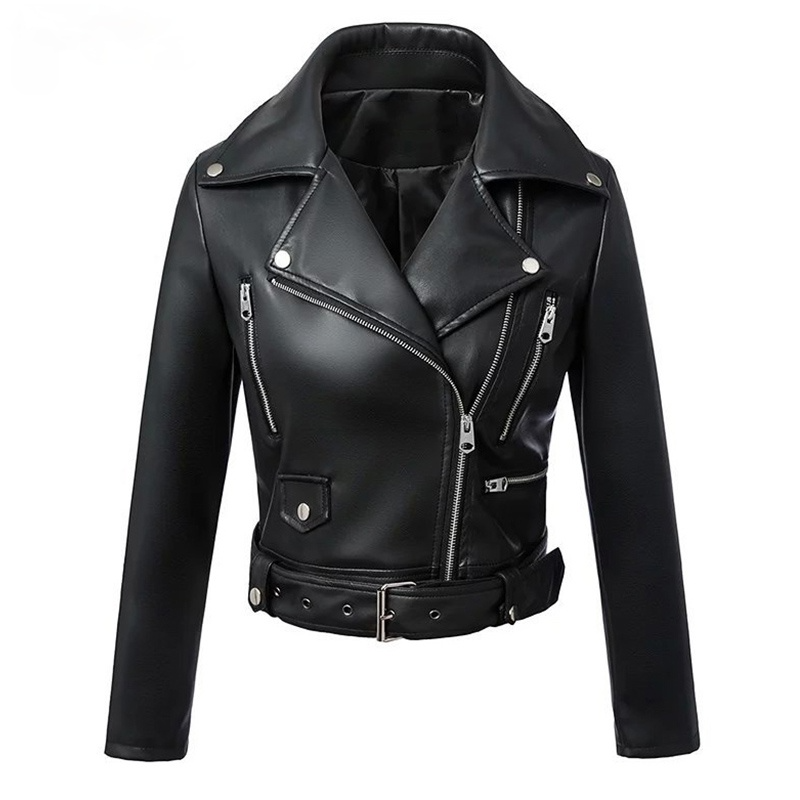 Preto Faux Mulheres Jaqueta De Couro Primavera Outono Curto Soft Pu Jaquetas De Couro Com Cinto Com Zíper Moto