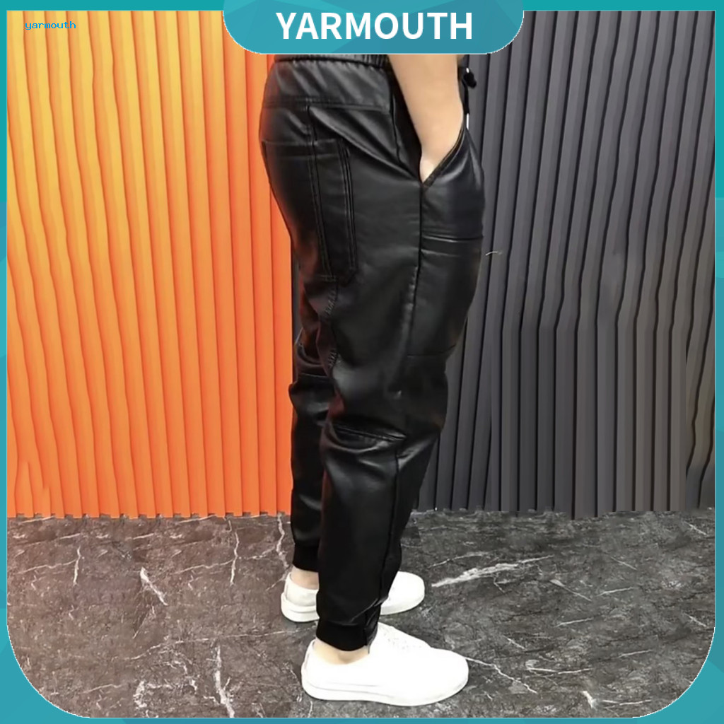 Black Elastic Waist Pants Men's Faux Leather with Pockets Stretchy Waterproof Plus Size Ankle-banded Motorcycle Style Tr