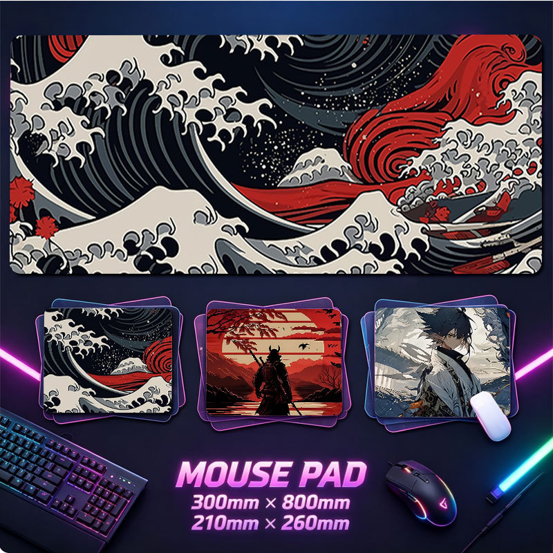 Misto Japonês Ukiyo-E Samurai Astronaut Gaming Mouse Pad Estendido Kanagawa Wave Red Sunset Antigo Guerreiro Lua Espaço