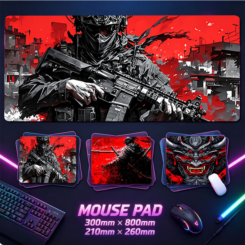 Tático Samurai Híbrido Gaming Mouse Pad Estendido Vermelho Grunge Pano De Fundo Oni Crânio Máscara Moderno Soldado Rifle