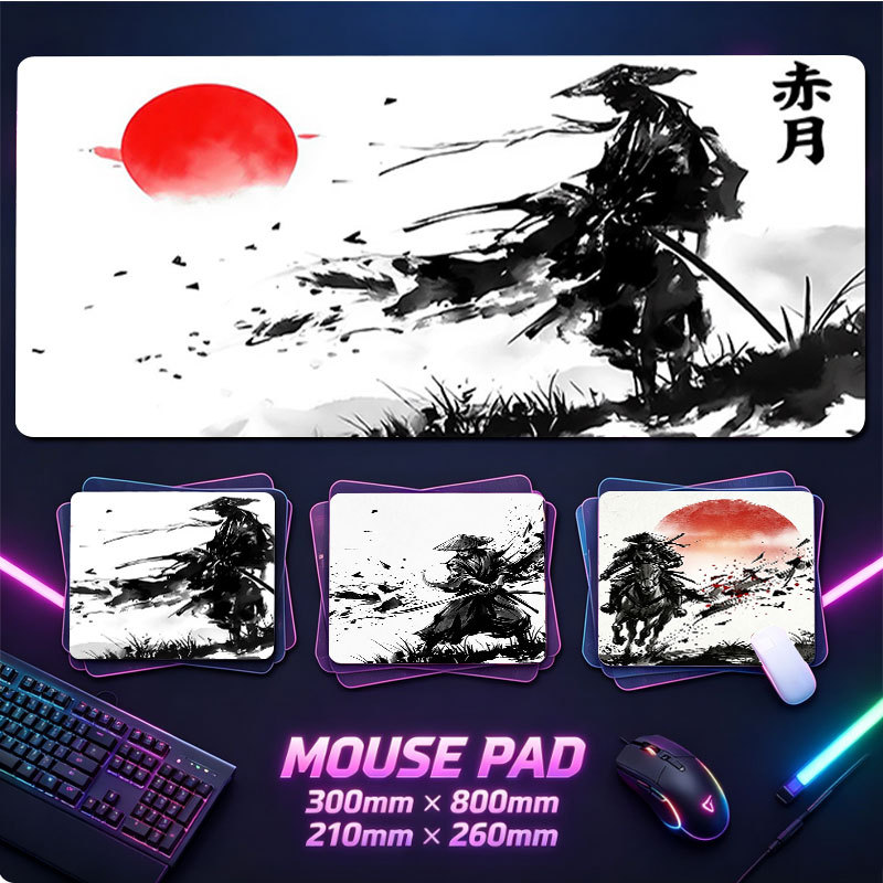 Grande Borracha Gaming Mouse Pad Base Branca Samurai Vermelho Sol Tinta Respingo Impressão Antiderrapante Tapete De Mesa