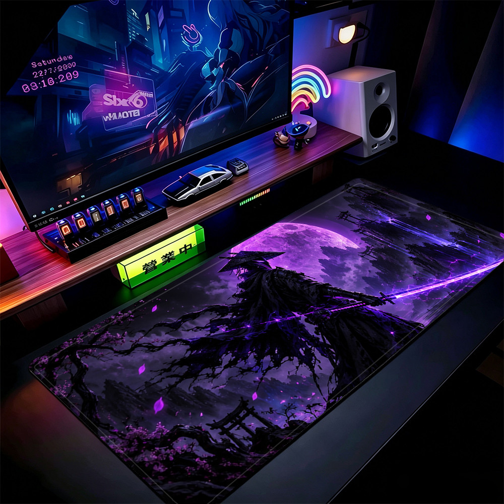 XXL Gaming Mouse Pad 80x30cm Roxo Fantasma Samurai Espada Tapete De Mesa Base Antiderrapante Bordas Costuradas Mousepad