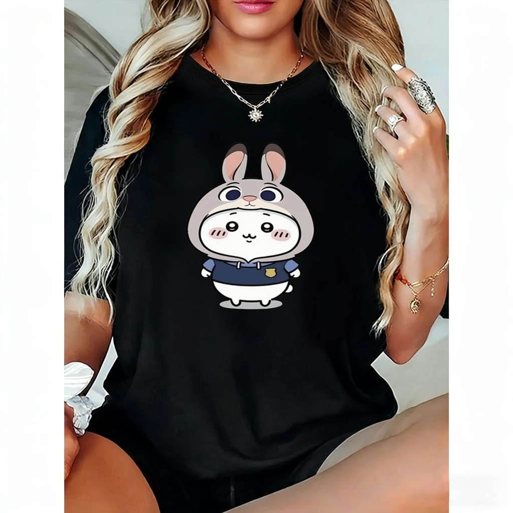 Camiseta Feminina Boneco Coelho Fofa Estampa Colorida Moderna Estilo Casual