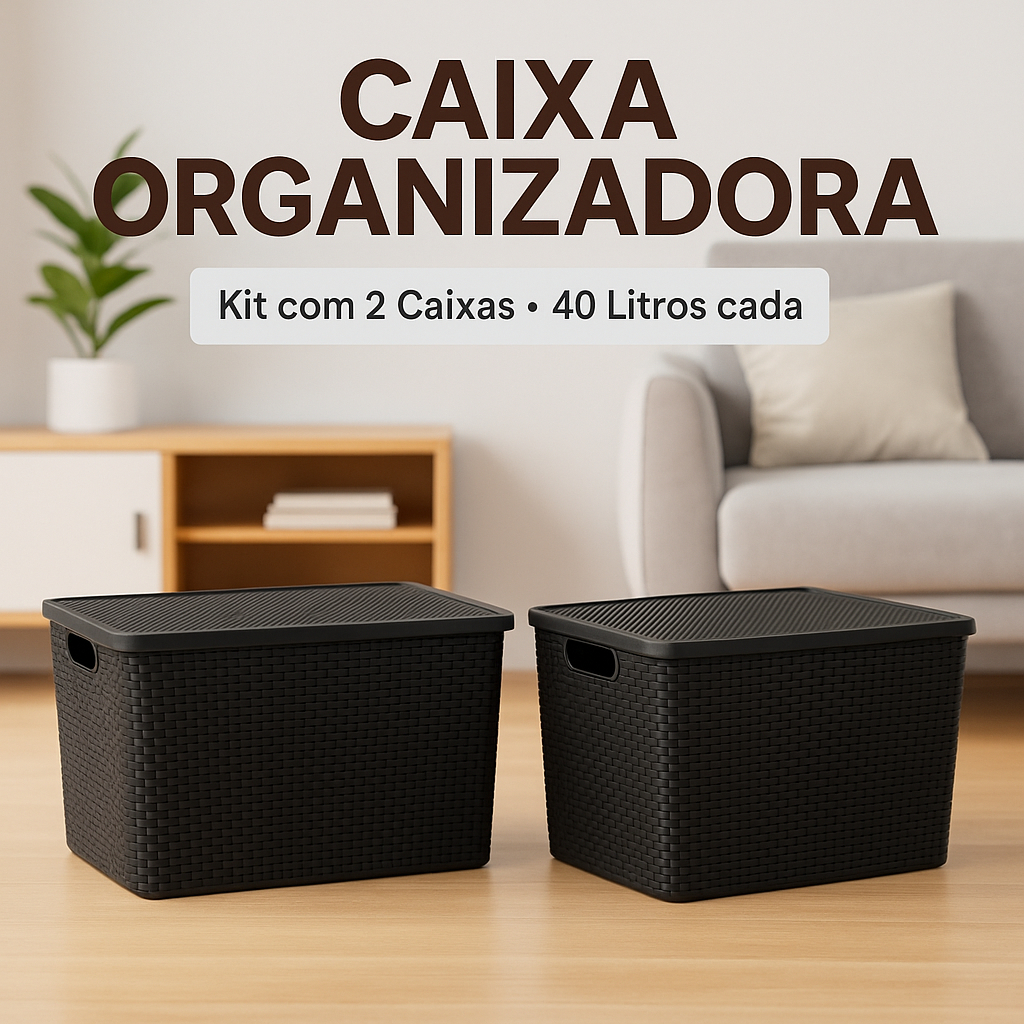 Kit 2 Caixas Cesto Organizadoras Rattan 40 Litros Com Tampa Preta  Organizador Armário