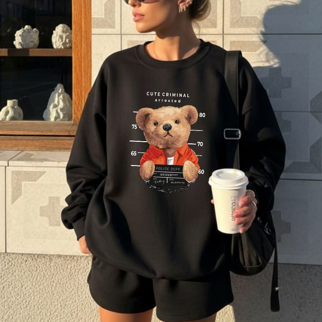 Blusa de Frio Moletom Feminino Sem Gola Careca Preto Blogueira Estampado Cute Urso Moda