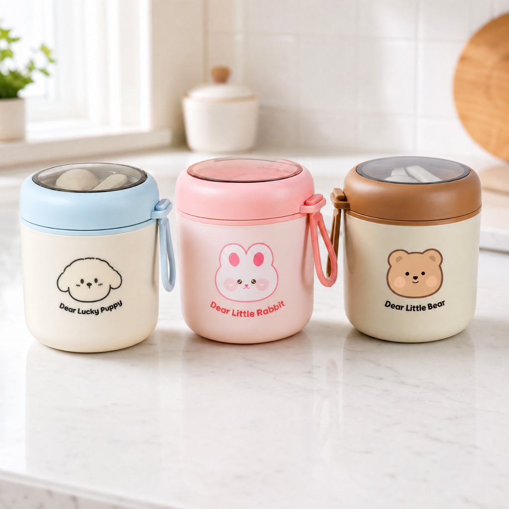 Marmita Térmica Infantil 530ml com Talheres Aço Inox 304 Pote Lancheira Fofo Kawaii