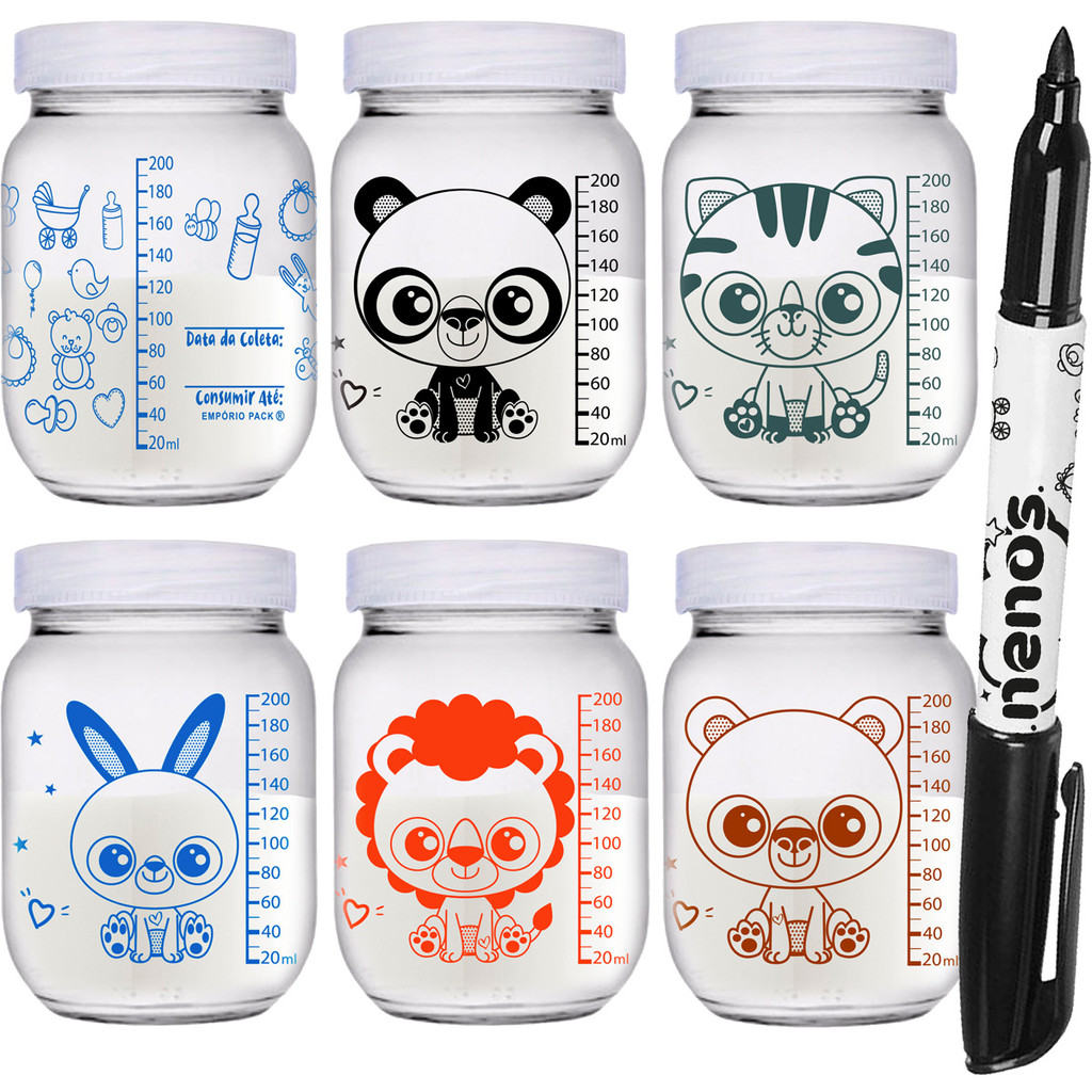 Potes de Vidro 267ml Armazenar Leite Materno ou Papinha, Tampa Plastica BPA-Free (Kawaii-Azul)