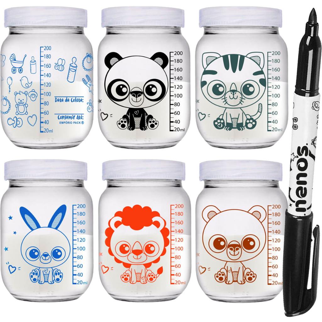 6 Potes de Vidro Armazenar Leite Materno ou Papinha com Graduação 200ml (Cap. 267ML) KAWAII