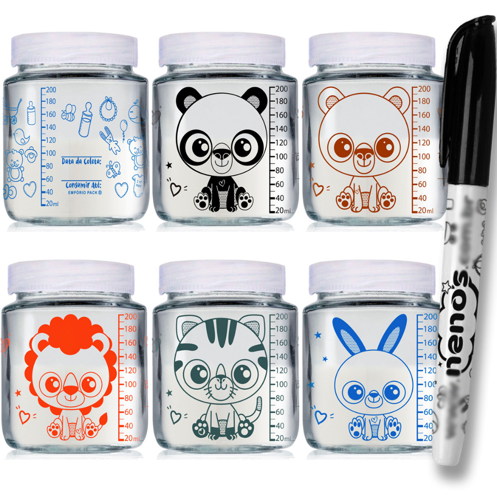 6 Potes de Vidro Armazenar Leite Materno ou Papinha com Graduação - KAWAII (240)