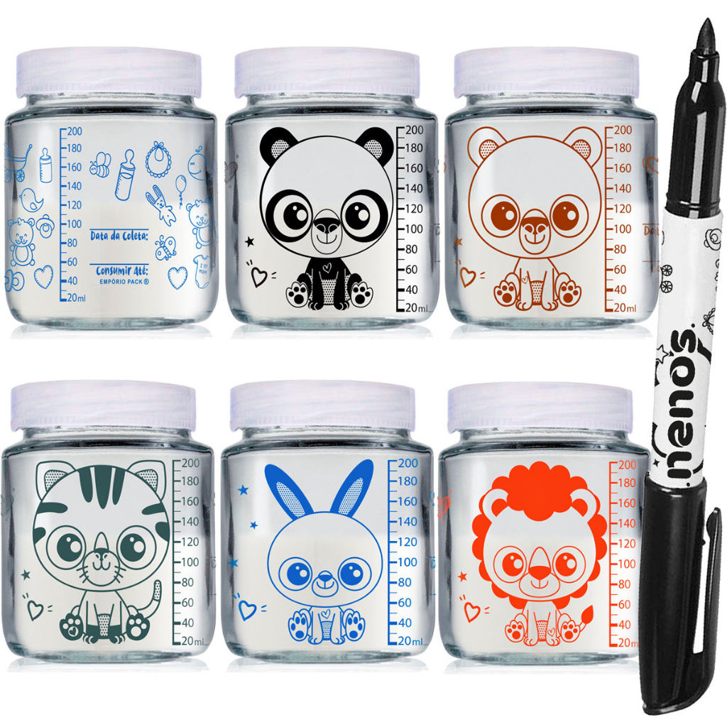 12 Potes de Vidro Armazenar Leite Materno ou Papinha com Graduação 200ml (KAWAII 240ML)