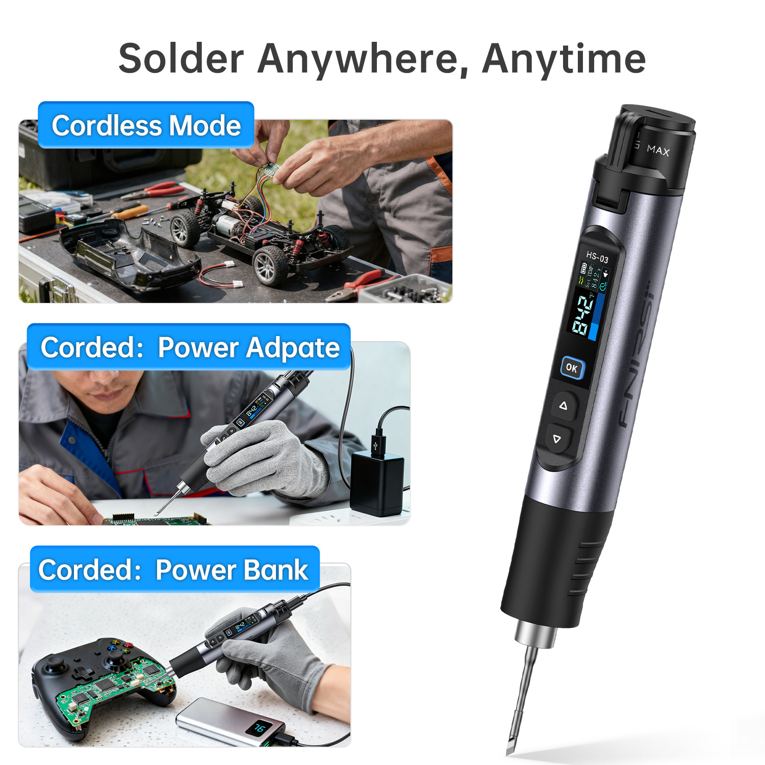 Ferro De Solda Sem Fio FNIRSI HS-03 De Uma Peça , Caneta Portátil De 10 W Com Temperatura De 5 Velocidades E Display IPS