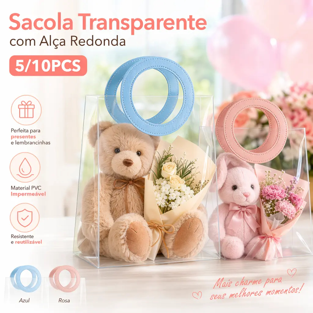 Kit 5/10 Bags Transparent Flexible PP Plastic Bag Round Handle Synthetic Leather In Colors For Gift Present