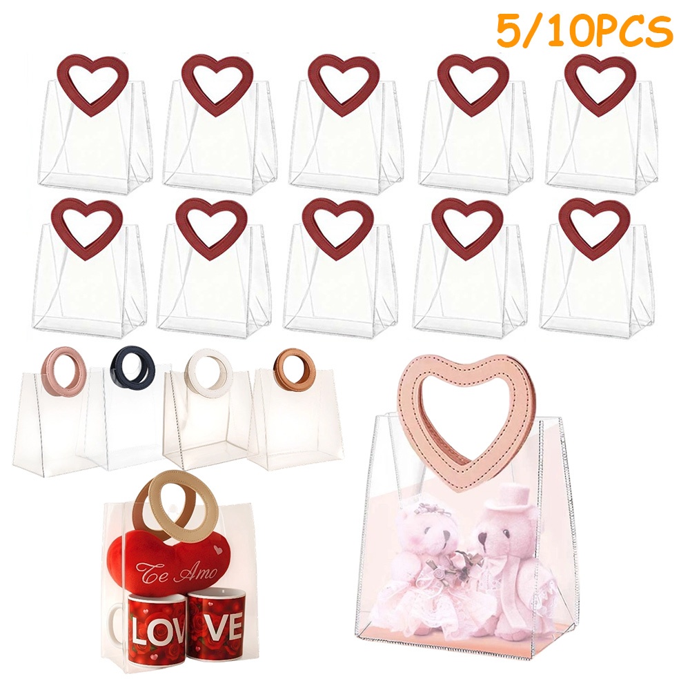 Kit 5/10 Bags Transparent Flexible PP Plastic, Round or Heart Shape Handle Synthetic Leather, Colored for Gift Present