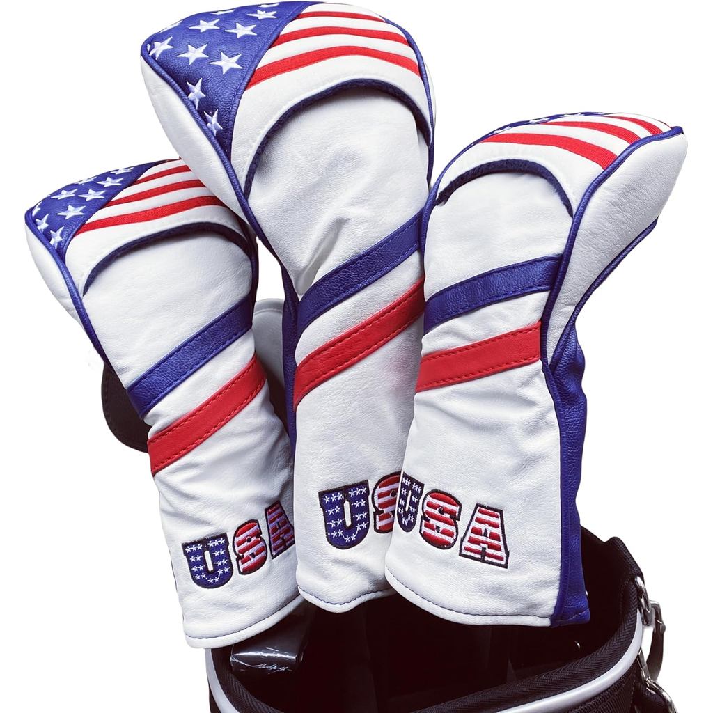 3pcs Red White Blue Golf Club Cover for Driver and Woods, Synthetic Leather Golf Driver Headcover and 2pcs Fairway Wood