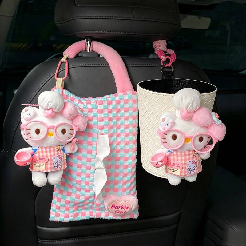 Cute Kitty Car Tissue Box Trash Can Two-in-One Cartoon Car Tissue Bag Hanging Trash Can Bags Female smzA