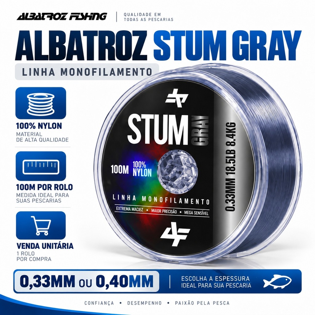 Linha Monofilamento Albatroz STUM Gray 100% Nylon 100m 0,33mm 8.4kg ou 0,40mm 12.1kg Venda Unitária