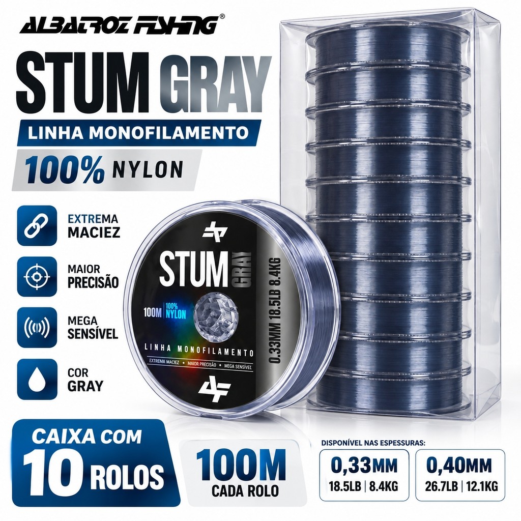 Linha Monofilamento Albatroz Fishing STUM Gray 100% Nylon 10 Rolos de 100m 0,33mm 18.5lb ou 0,40mm 26.7lb