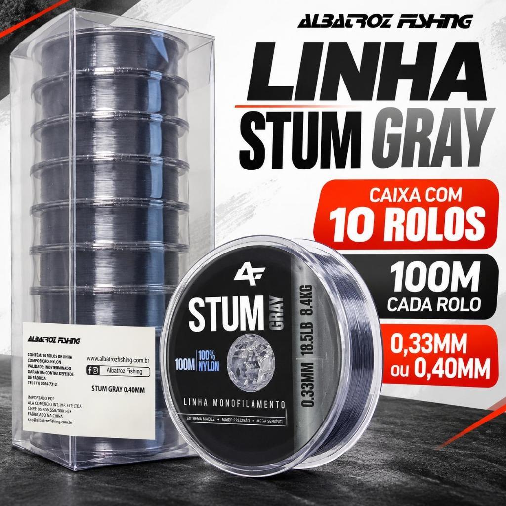 Linha de Pesca Albatroz Fishing STUM Gray Monofilamento 100% Nylon 100m Caixa 10 rolos com 10 Rolos 0,33mm ou 0,40mm