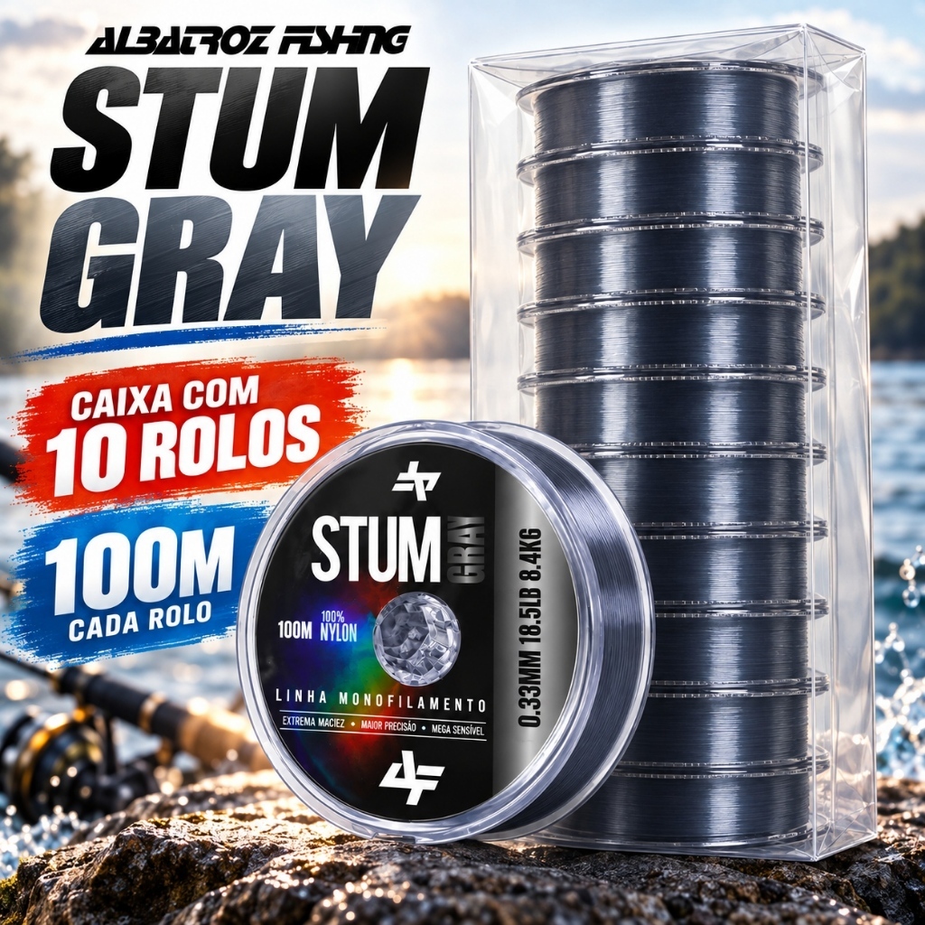 Linha Albatroz Fishing STUM Gray 100% Nylon Caixa 10 Rolos 100m Cada 0,33mm ou 0,40mm para Pesca