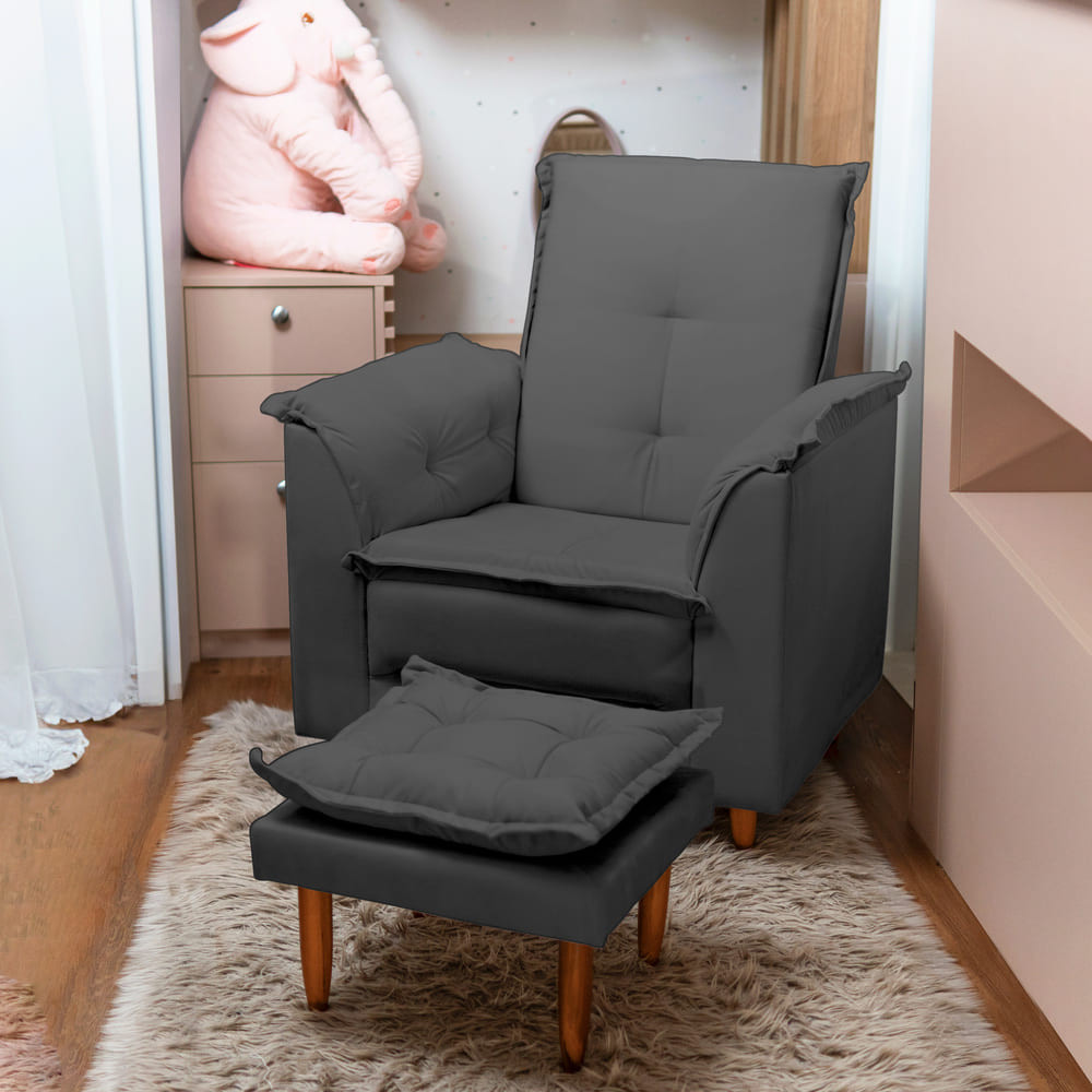 Poltrona Presente Para Dia das Mães Luna Com Puff Suede Cinza Liso Tana Decor