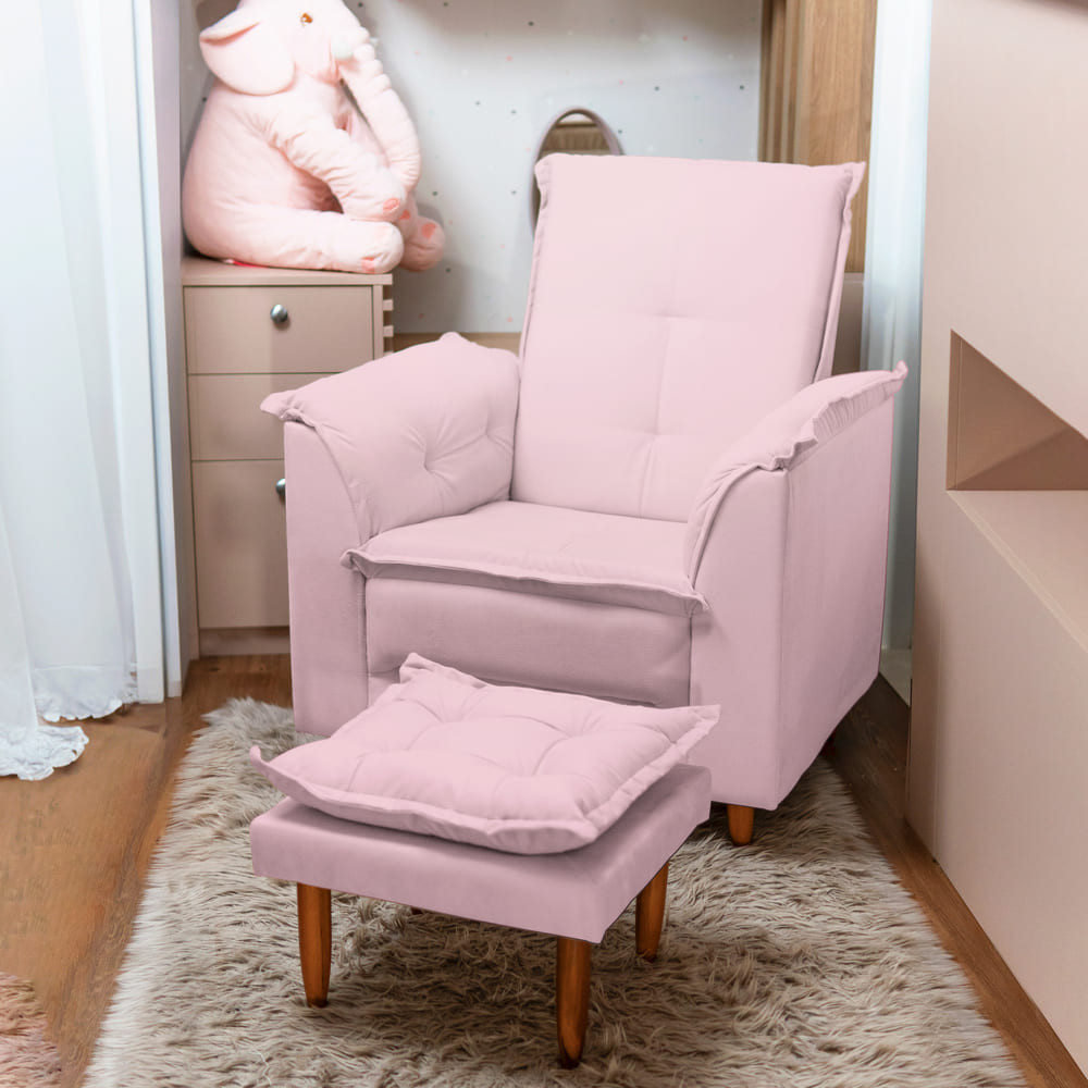 Poltrona Presente Para Dia das Mães Luna Com Puff Suede Rosa Bebê Liso Tana Decor