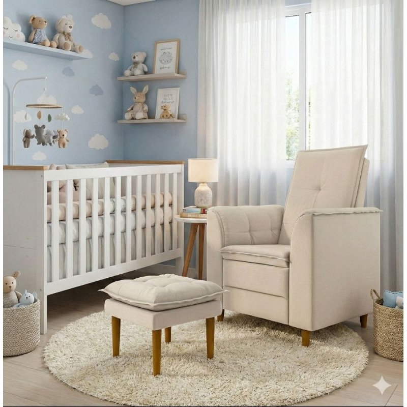 Poltrona Multifuncional Com Puff Suede Bege Liso Tana Decor