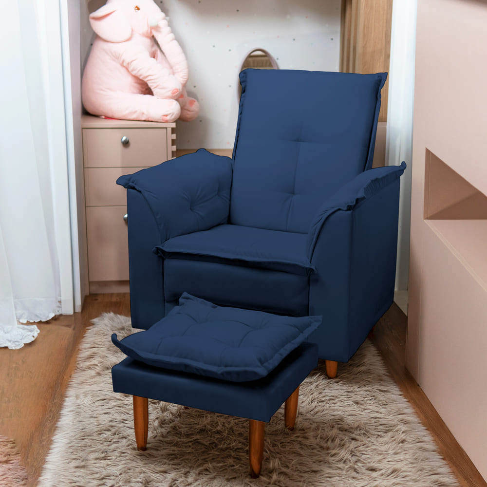 Poltrona Multifuncional Com Puff Suede Azul Marinho Tana Decor