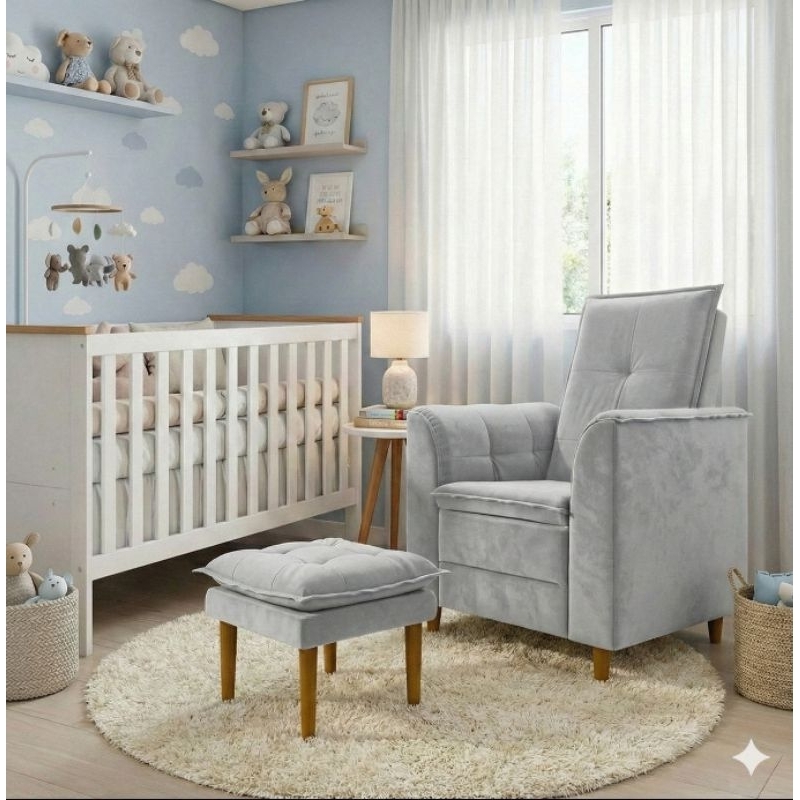 Poltrona Presente Para Dia das Mães Luna Com Puff Veludo Prata Liso Tana Decor