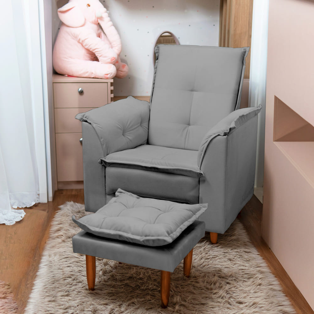 Poltrona Multifuncional Com Puff Prata Veludo Tana Decor