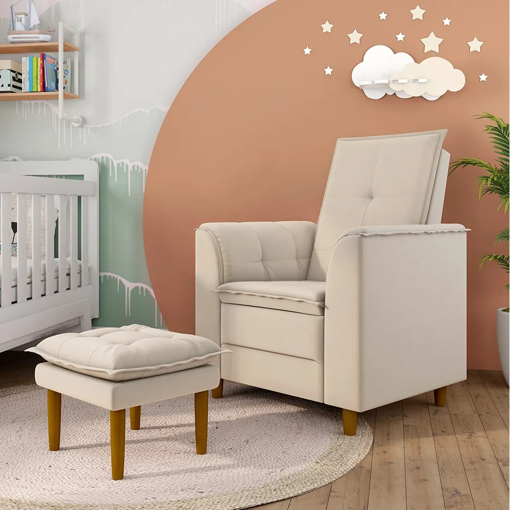 Poltrona Amamentação E Puff Ariel Suede Bege Tana Decor