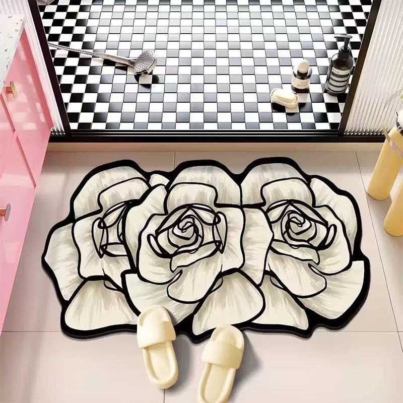 Tapete 3D com Estilo Floral - Microfibra, Secagem Rápida e Antiderrapante, Para Banheiro / Porta De Entrada
