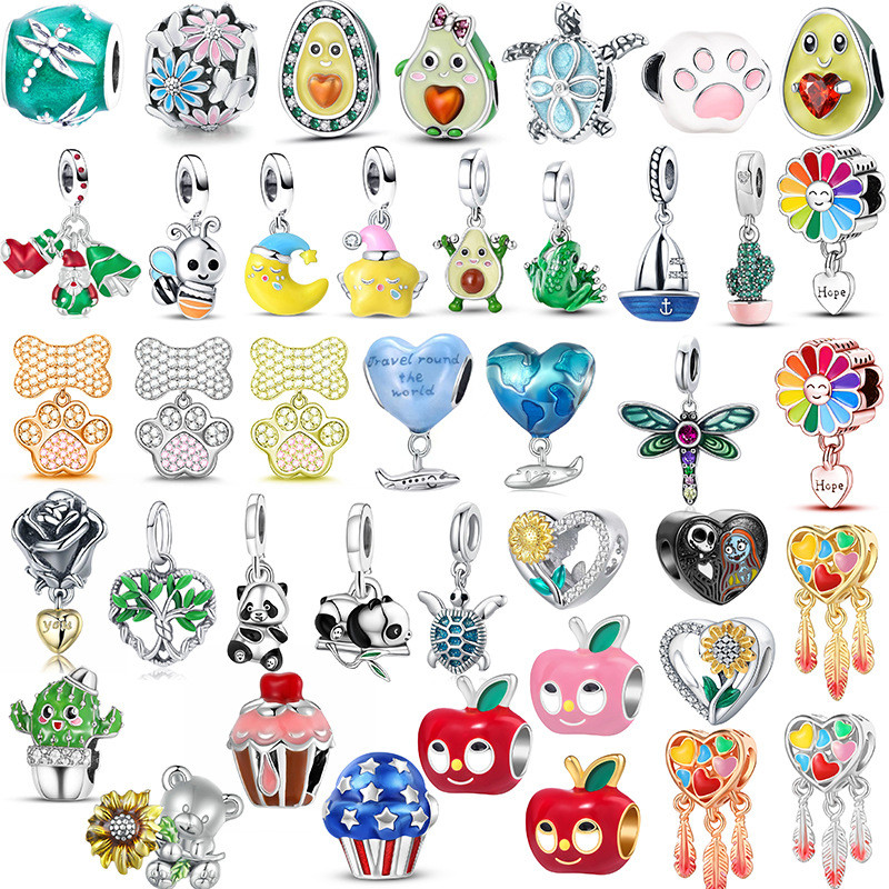 Berloques De Prata 925 Clássico Charme Libélula Cevada Pulseira Acessórios Apple Panda Colar DIY Jóias Criativas
