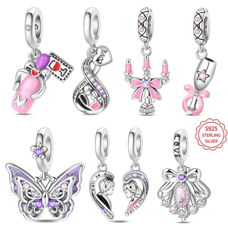 S925 prata Ballet amor tema frisado sapatos de dança Bowknot amor borboleta charme adequado para 3MM pulseira colar DIY
