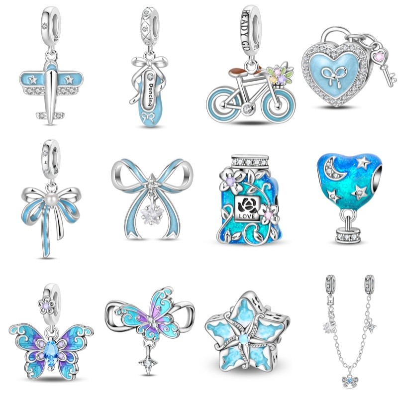 Berloque Jewelry s925 Prata Compatível Pulseira DIY Jóias Azul Avião Arco Pingente