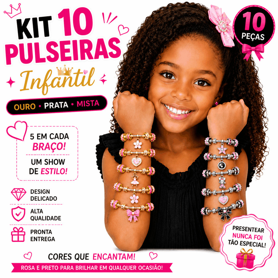 Pulseira Infantil Feminina Kit com 10 Braceletes Charm Ouro Prata Mista