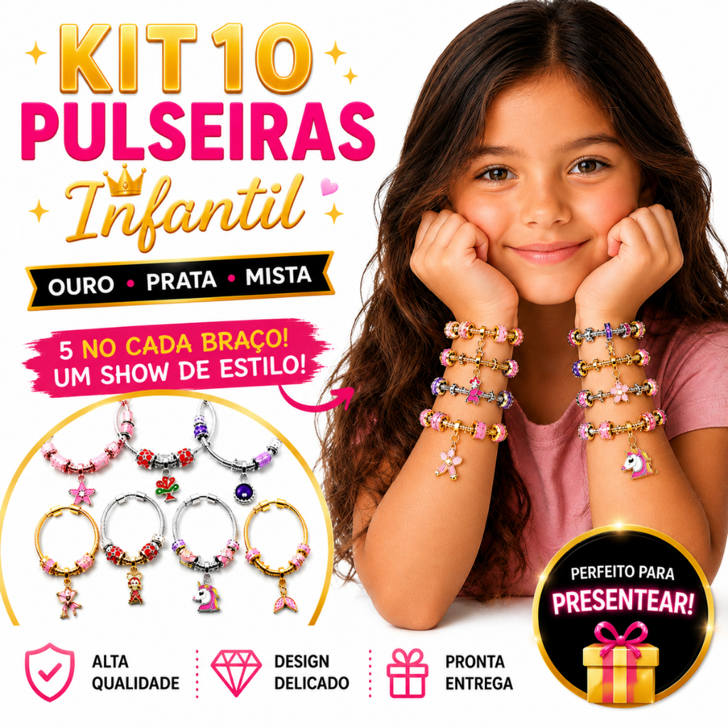 Kit 10 Pulseiras Infantil Menina Ouro Prata Mista Charm Luxo Ajustável