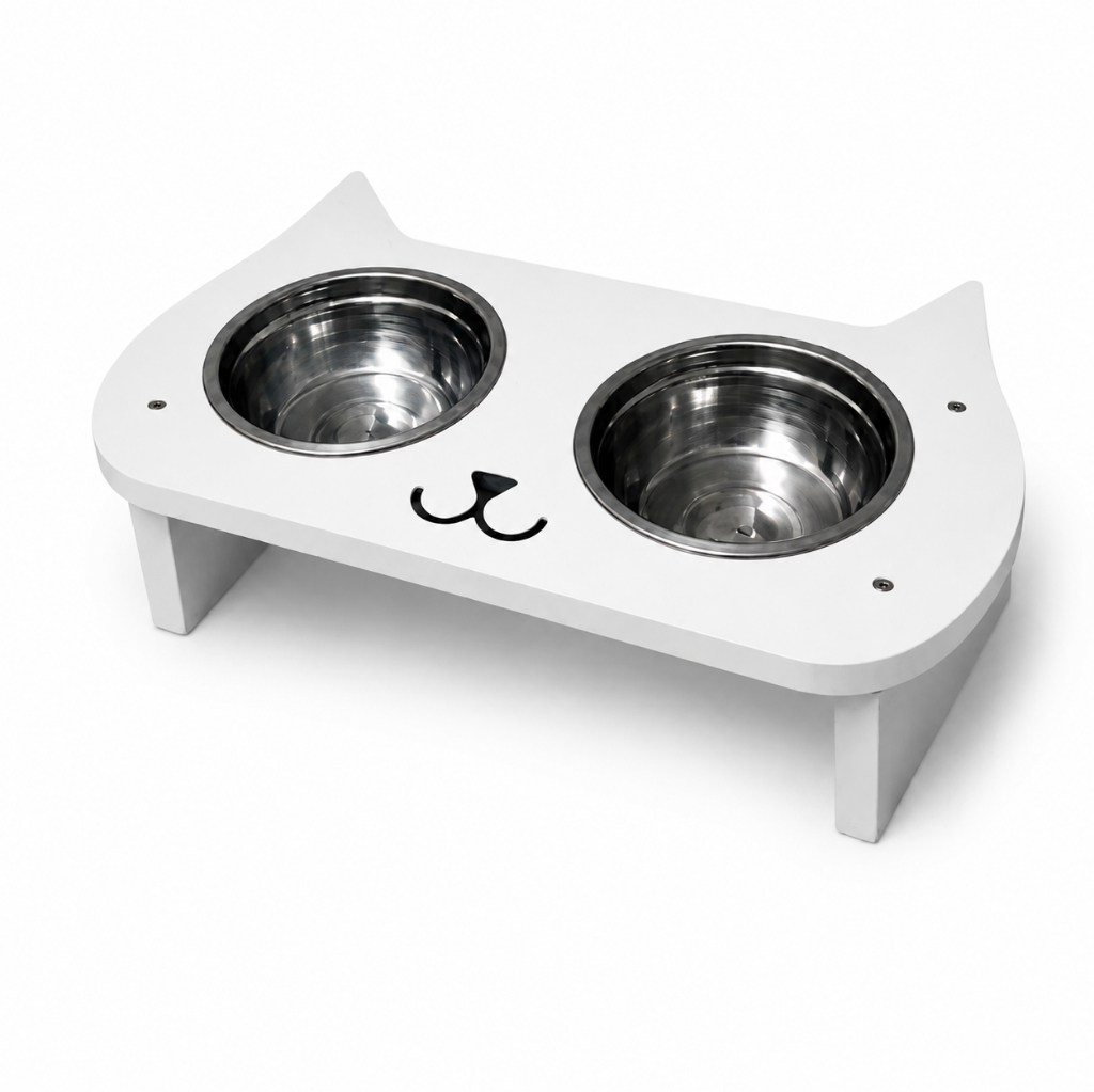 Comedouro Pet Bebedouro Elevado Para Gatos MDF Branco 2 Tigelas Inox 350ml Ergonômico 8cm