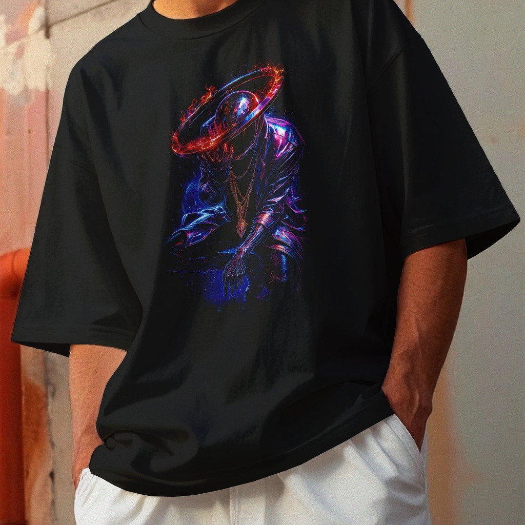 Camiseta Oversized Gola Alta Streetwear Algodão Estilo Urbano Treino Casual Preto Estamp Todas Ocasiões CYBERPUNK 26