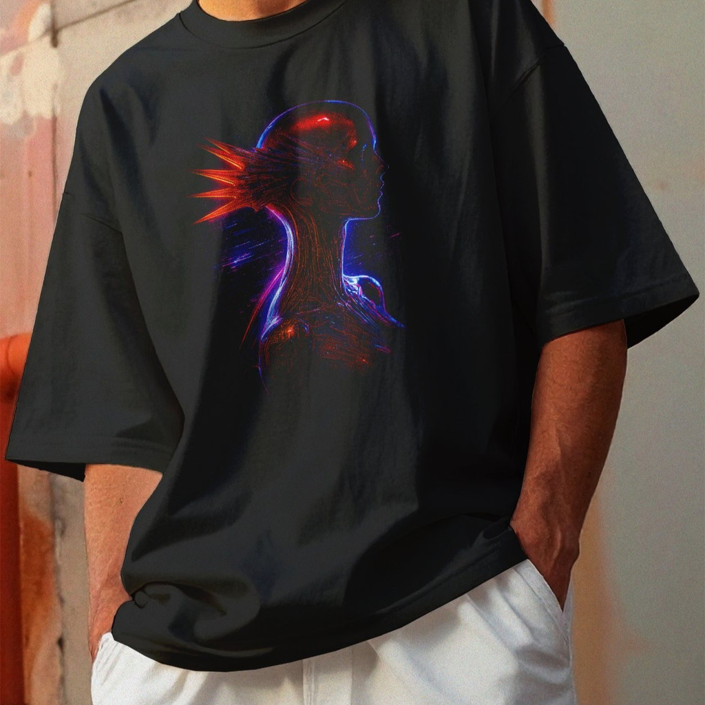 Camiseta Oversized Gola Alta Streetwear Algodão Estilo Urbano Treino Casual Preto Estamp Todas Ocasiões CYBERPUNK 68